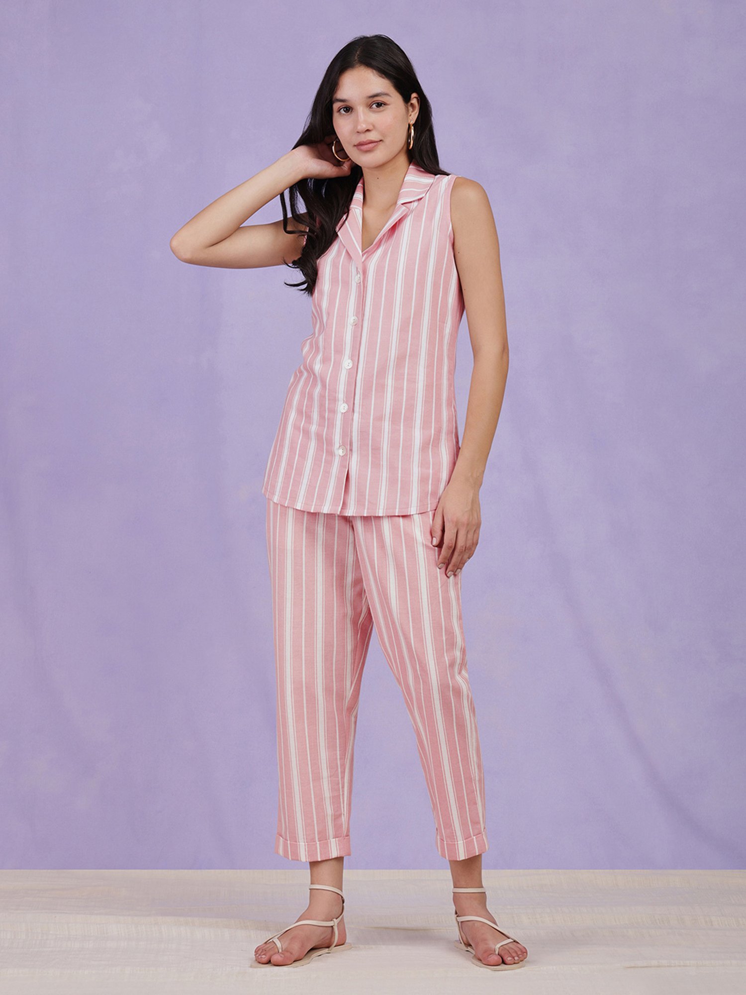 Pink Fort Pink Cotton Striped Co-Ord Set