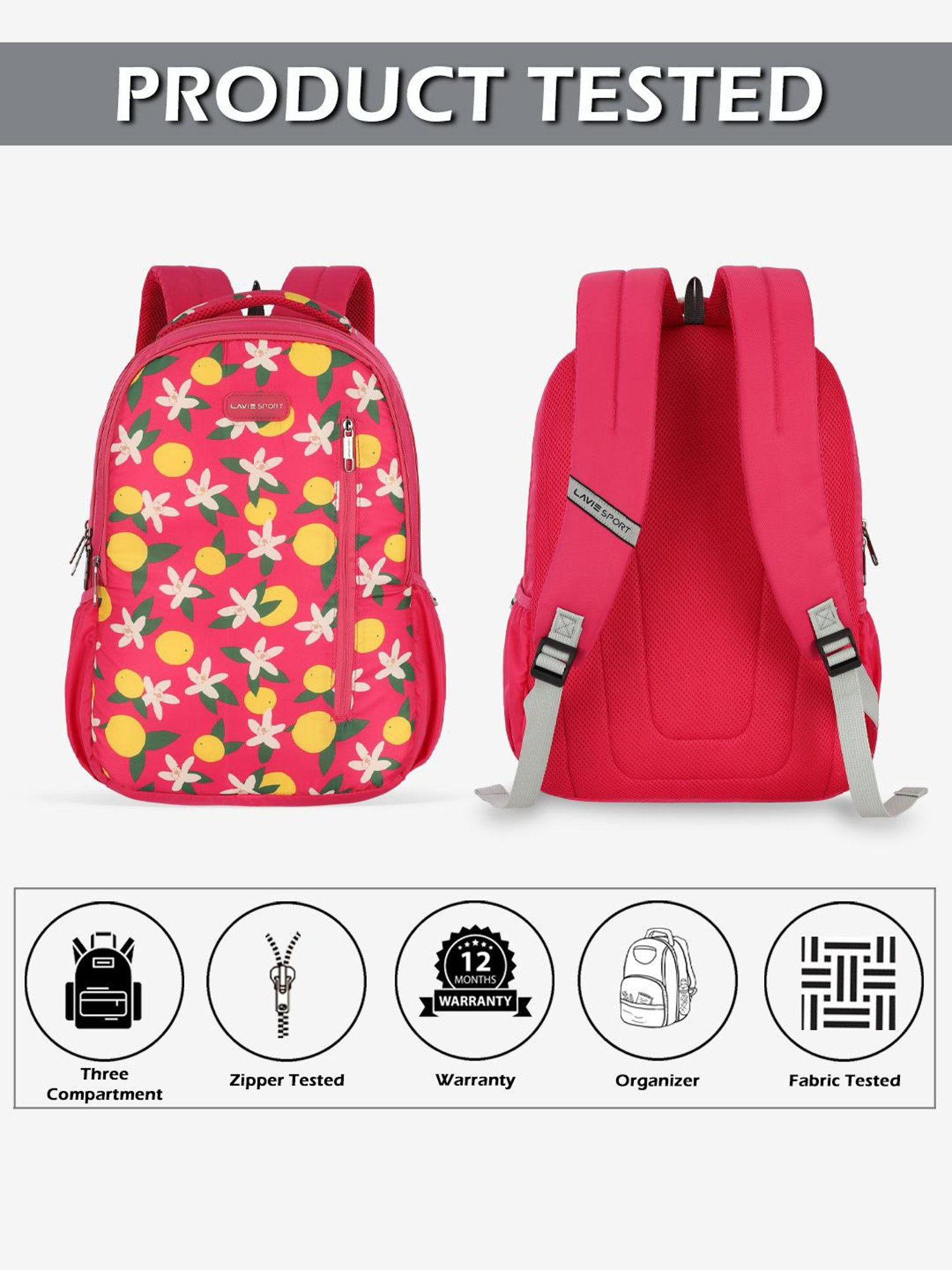 Lavie Sport Lime 26L Floral Printed School Backpack for Girls (Magenta)
