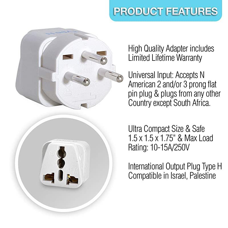 Israel Power Adapter Travel Universal Plug by , Works in Palestine, Jerusalem, Holy City - Perfect for Charging your Electronic Devices (Type H)- Safe Grounded Connection - 3 Pack (GP-14-3PK)