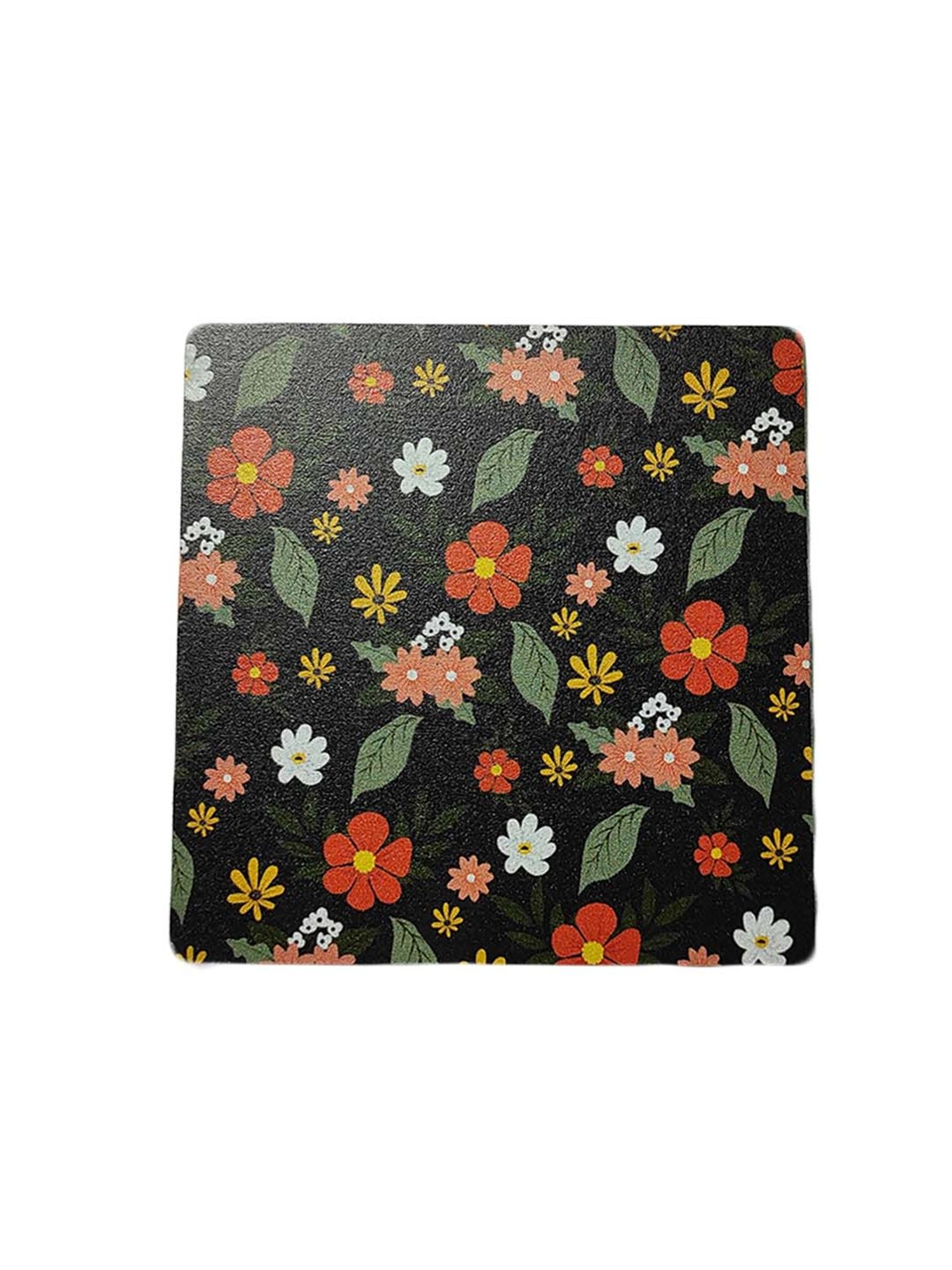 Crayton Black Wooden Floral Printed Square Coasters with Holder - Set of 6