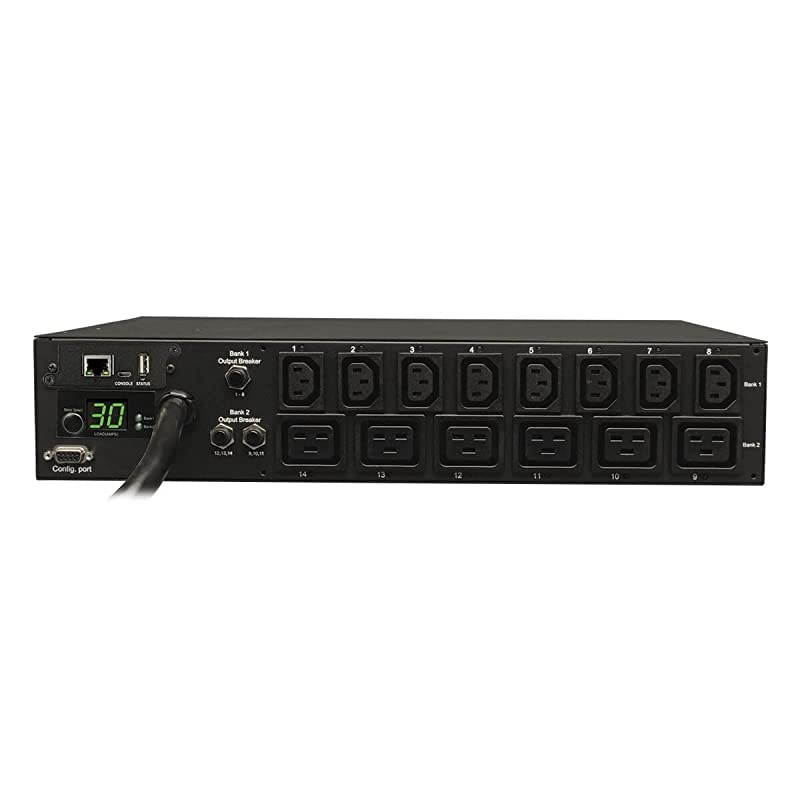 5.8kW Single-Phase Switched PDU with LX Platform Interface, 208/240V Outlets (8 C13 & 6 C19), L6-30P input, 15ft Cord, 2U Rack-Mount, TAA (PDUMH30HV19NET),Black