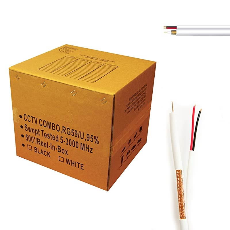 RG59 500ft Bare Copper Siamese Coaxial Combo Cable Solid 20 AWG RG59 + 182 18AWG Power ETL Listed CCTV Cable White