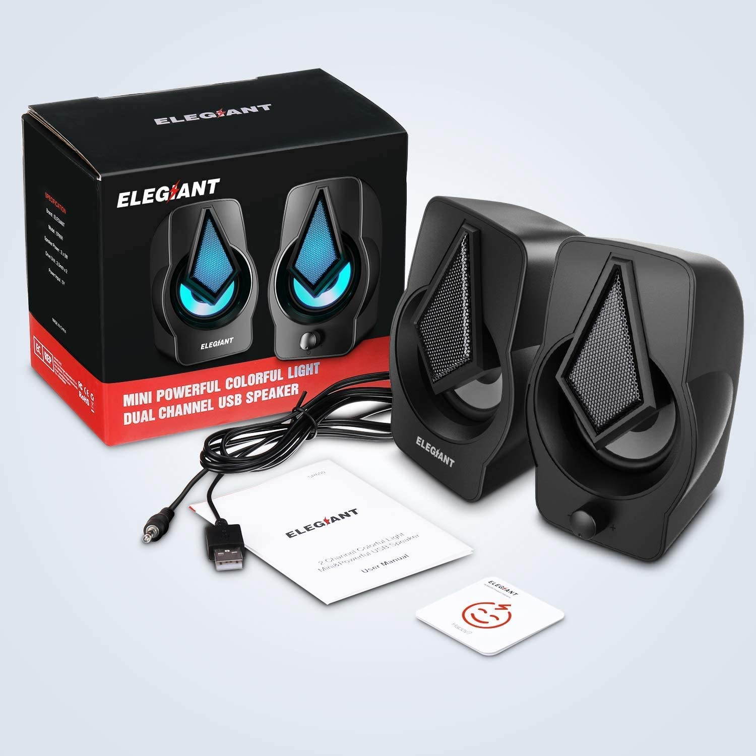 Computer Speakers PC Speakers 2.0 USB Powered Stereo Volume Control with LED Light Mini Portable Gaming Speakers 3.5mm for PC Cellphone Tablets Desktop Laptop