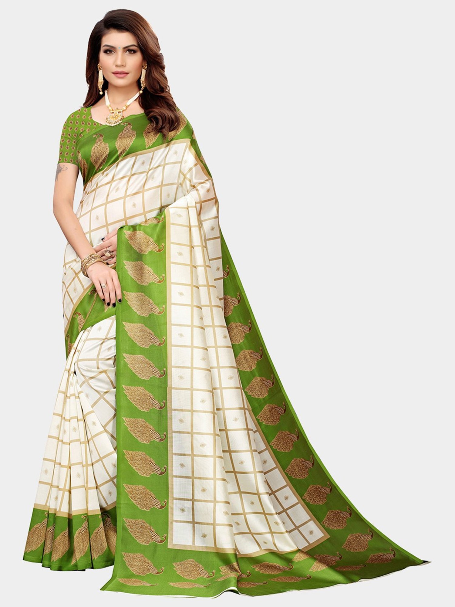 KSUT Green & Beige Check Saree With Blouse