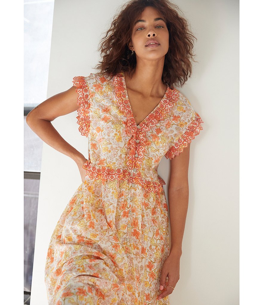 Free People Milania Floral Print V-Neck Cap Sleeve Maxi Dress