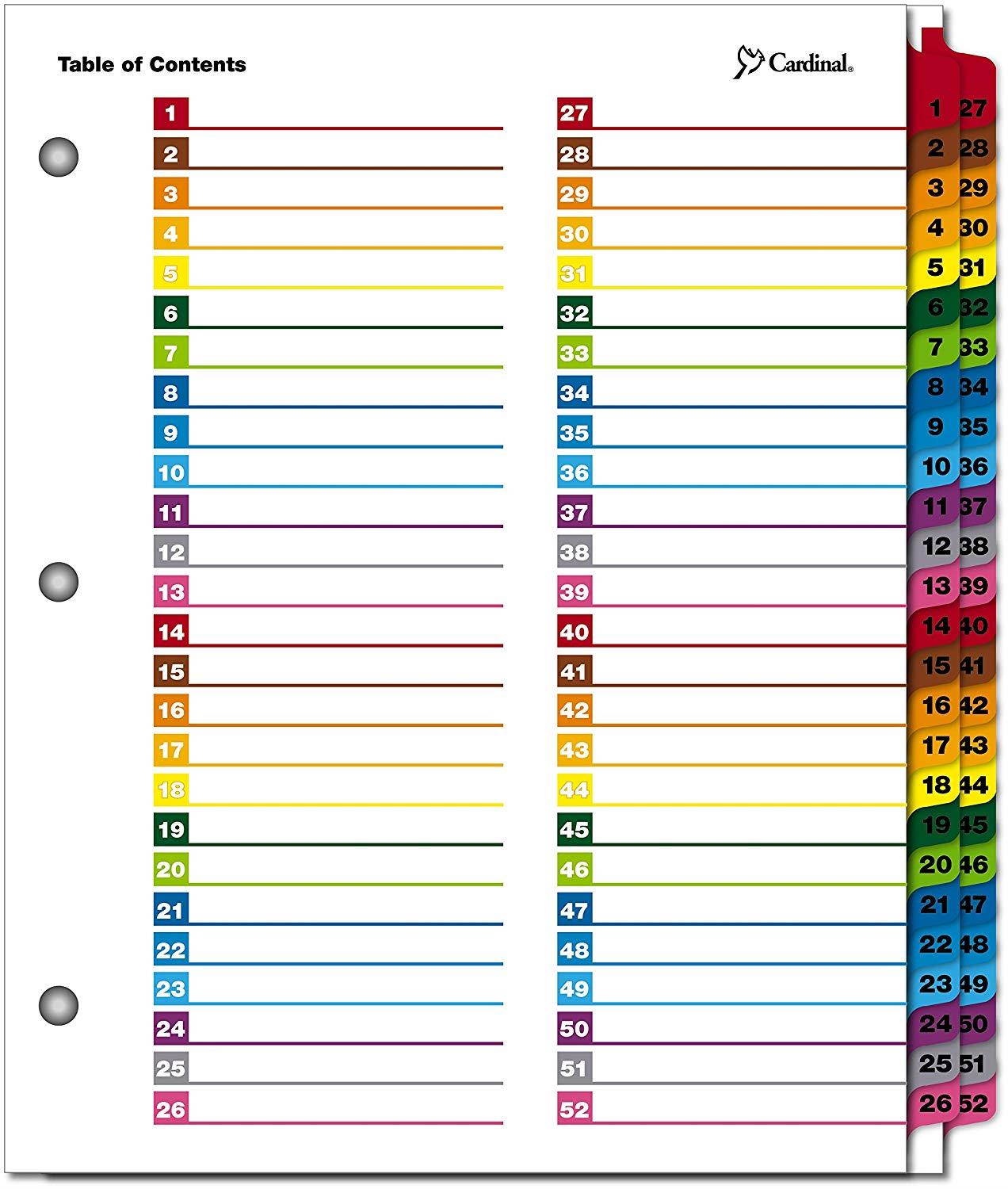 Cardinal by TOPS Products OneStep Printable Table of Contents and Index Dividers, 52-Tab, Numbered, Multi-Color (60990)