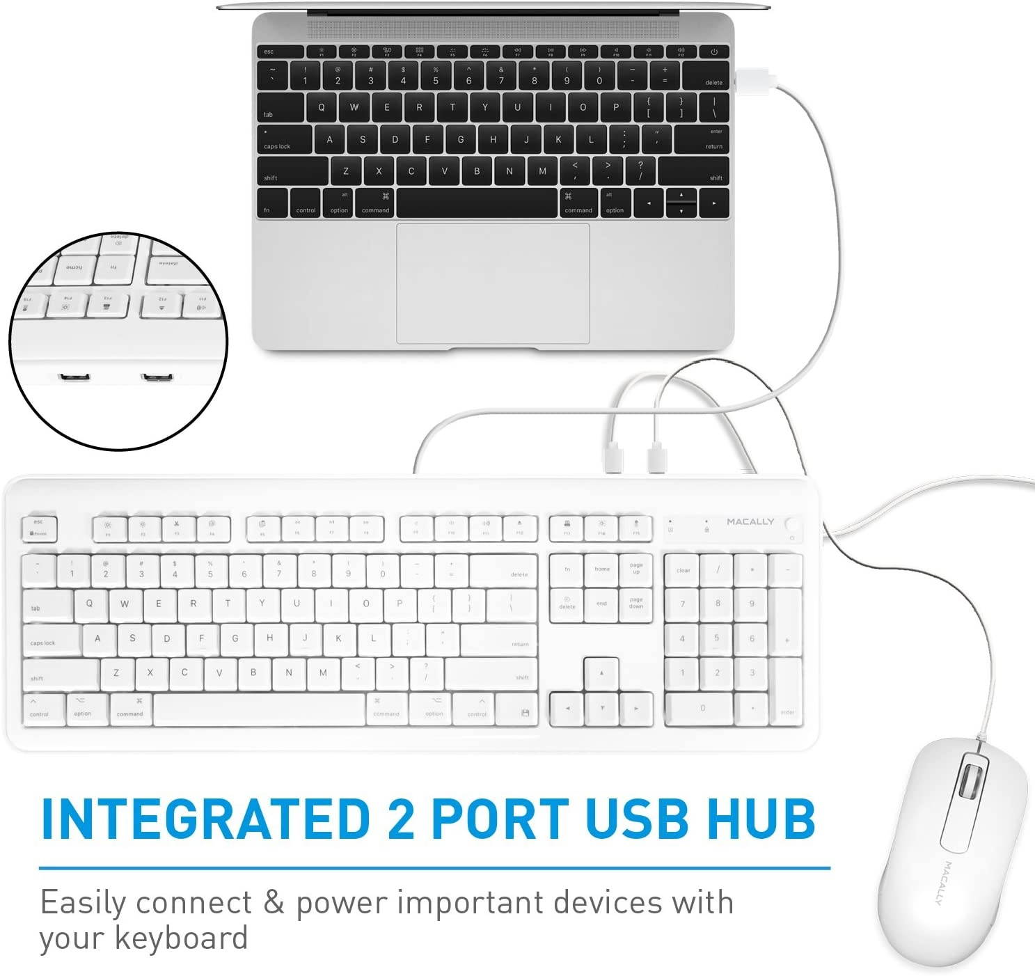 Macally Full Size USB Wired Computer Keyboard with Built-In 2-Port USB Hub - Perfect for your Mouse & 16 Apple Shortcut Keys for Mac OS, Apple iMac, Mac Mini, Macbook Pro/Air (XKEYHUB) , White