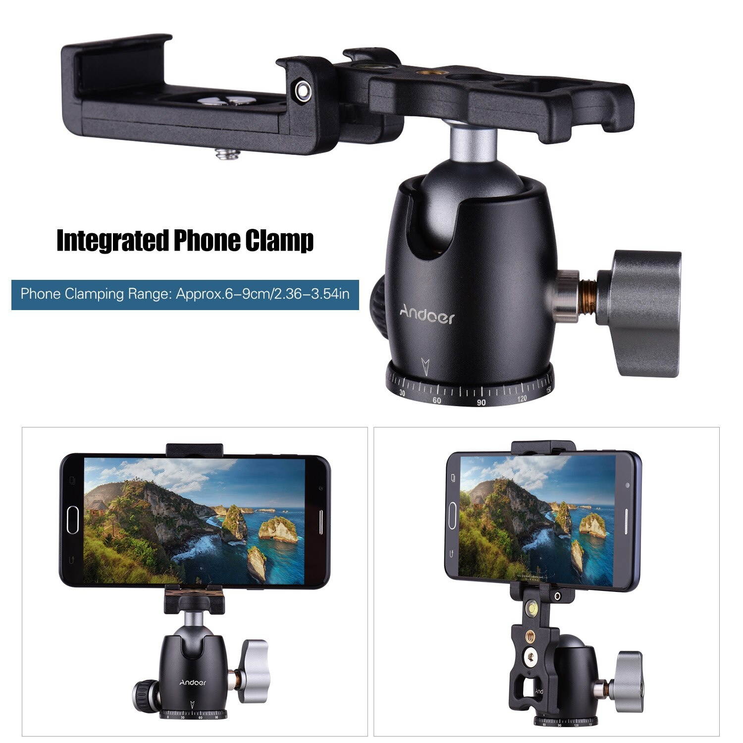 Camera Tripod Ball Head 360&deg; Swivel Panorama ballhead Rotating with Integrated Phone Clamp 1/4 Screw Universal 3/8 Mounting
