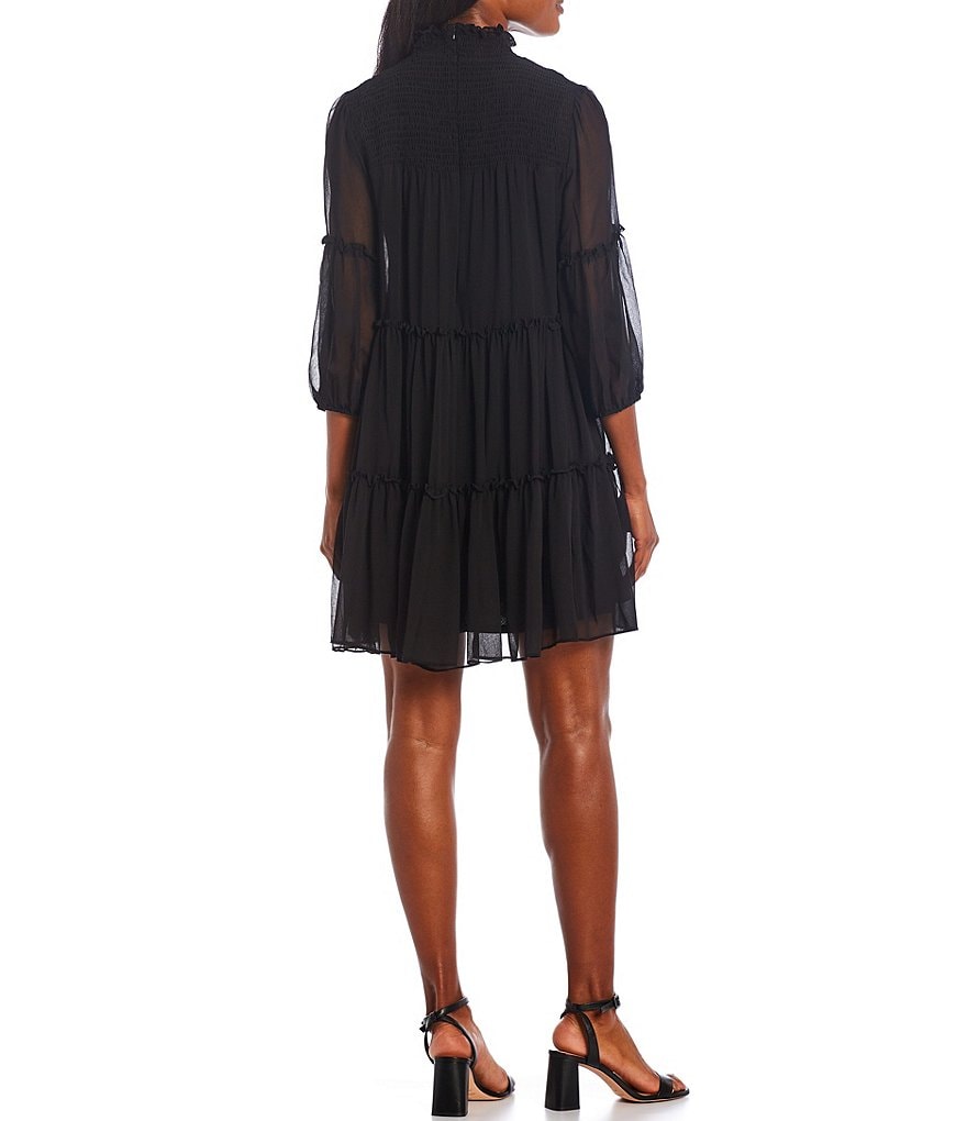 Maison Tara Smocked High Neck 3/4 Sleeve Silky Chiffon Tiered Trapeze Dress
