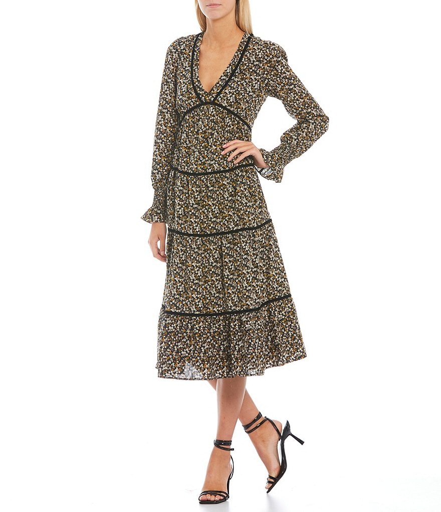 Sugarlips Ditsy Floral Print Deep V-Neck Long Sleeve Velvet Trim Tiered Midi Dress