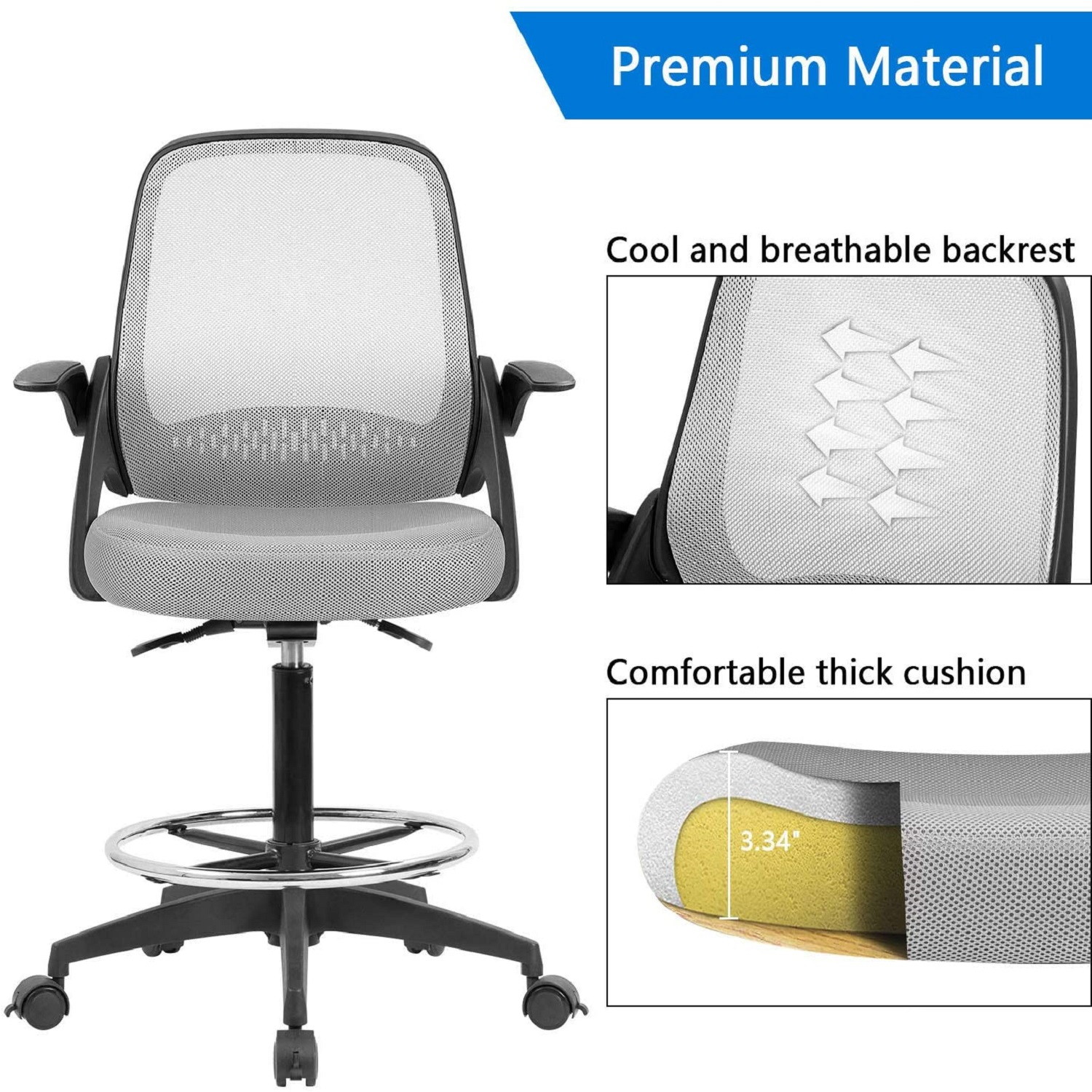 Devoko Drafting Chair with Flip-up Arms Tall Office Chair Executive Computer Standing Desk Chair with Lockable Wheel and Adjustable Footrest Ring (Black)