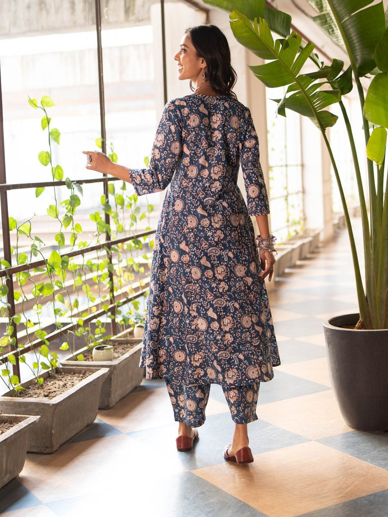 Akiso Blue Block Printed Anarkali Kurta With Hand Embroidery Details