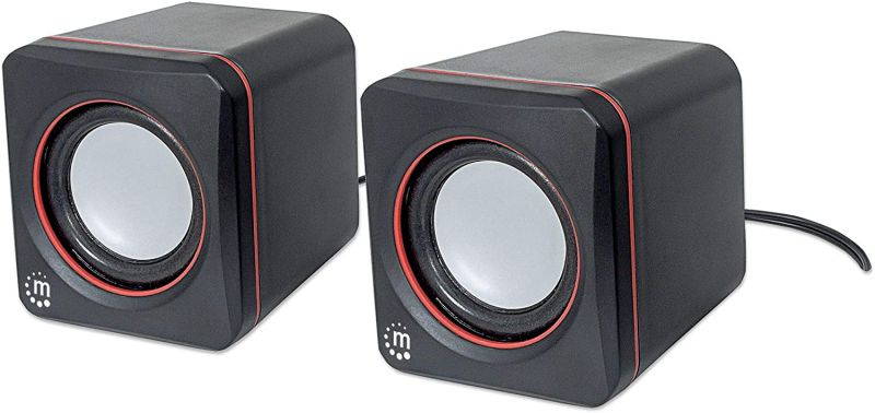 Manhattan USB Stereo Speaker System with 3.5 mm Audio Plugs to Connect to a Laptop, Notebook or Desktop Computer, Volume Controller, Black with Orange Highlights