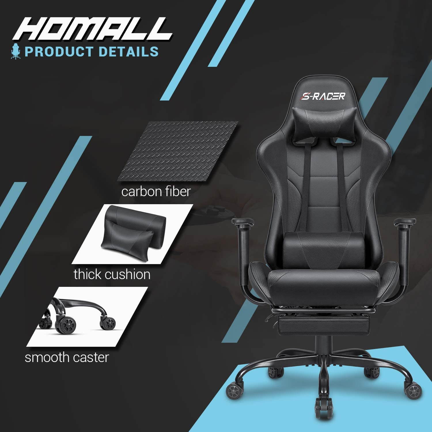 Homall Gaming Chair Computer Office Chair Ergonomic Desk Chair with Footrest Racing Executive Swivel Chair Adjustable Rolling Task Chair (Green)