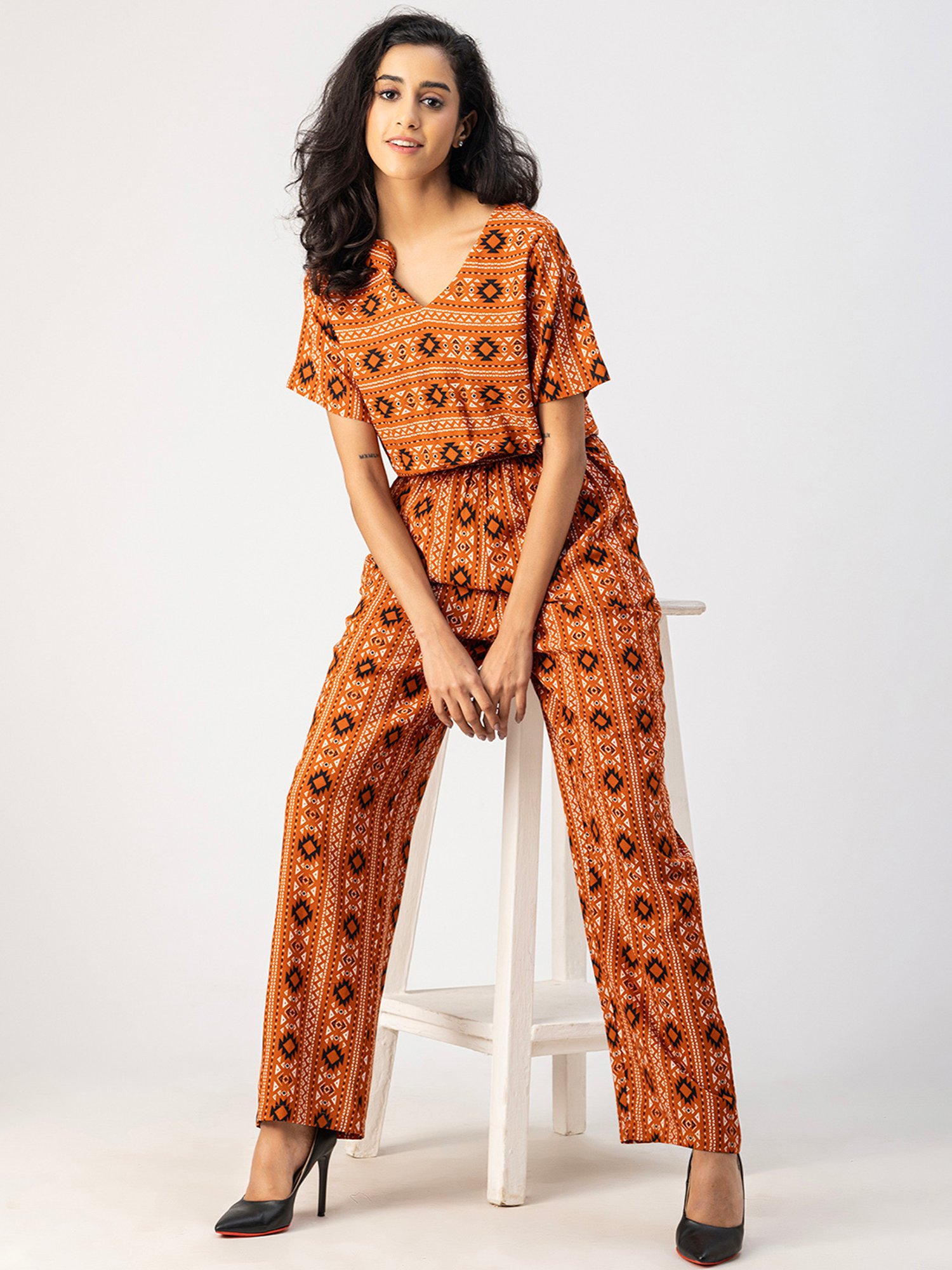 Moomaya Orange Printed Jumpsuit