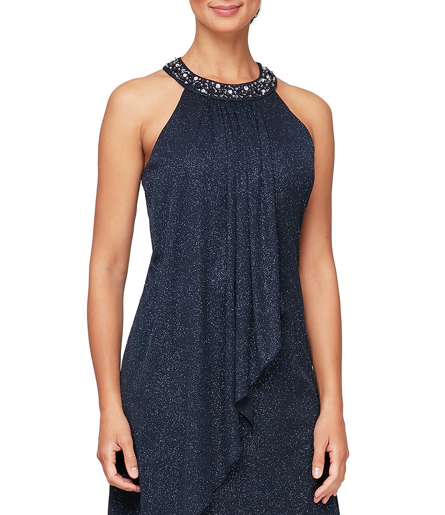 Ignite Evenings Halter Neck Sleeveless Beaded Glitter Mesh Gown