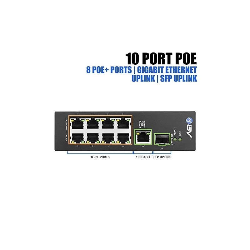 10 Port PoE+ Industrial DIN Rail Switch 8 PoE+ Ports | Gigabit Ethernet SFP Uplink 96W 8023at