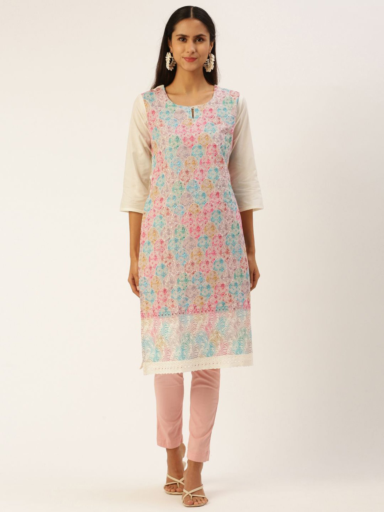 SHANVIKA Cream Embroidered Cotton Straight Kurta