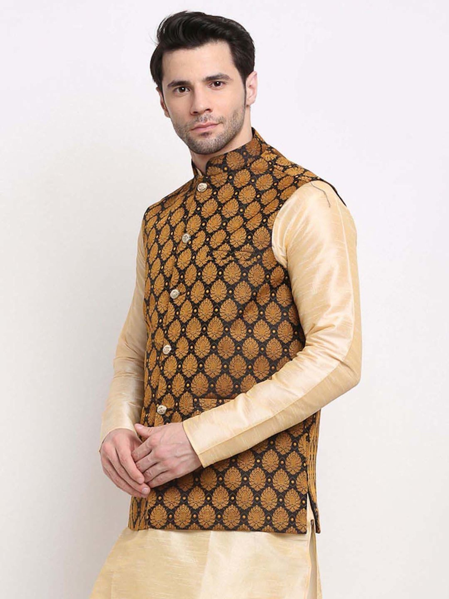 Jompers Black & Gold Regular Fit Embroidered Nehru Jacket