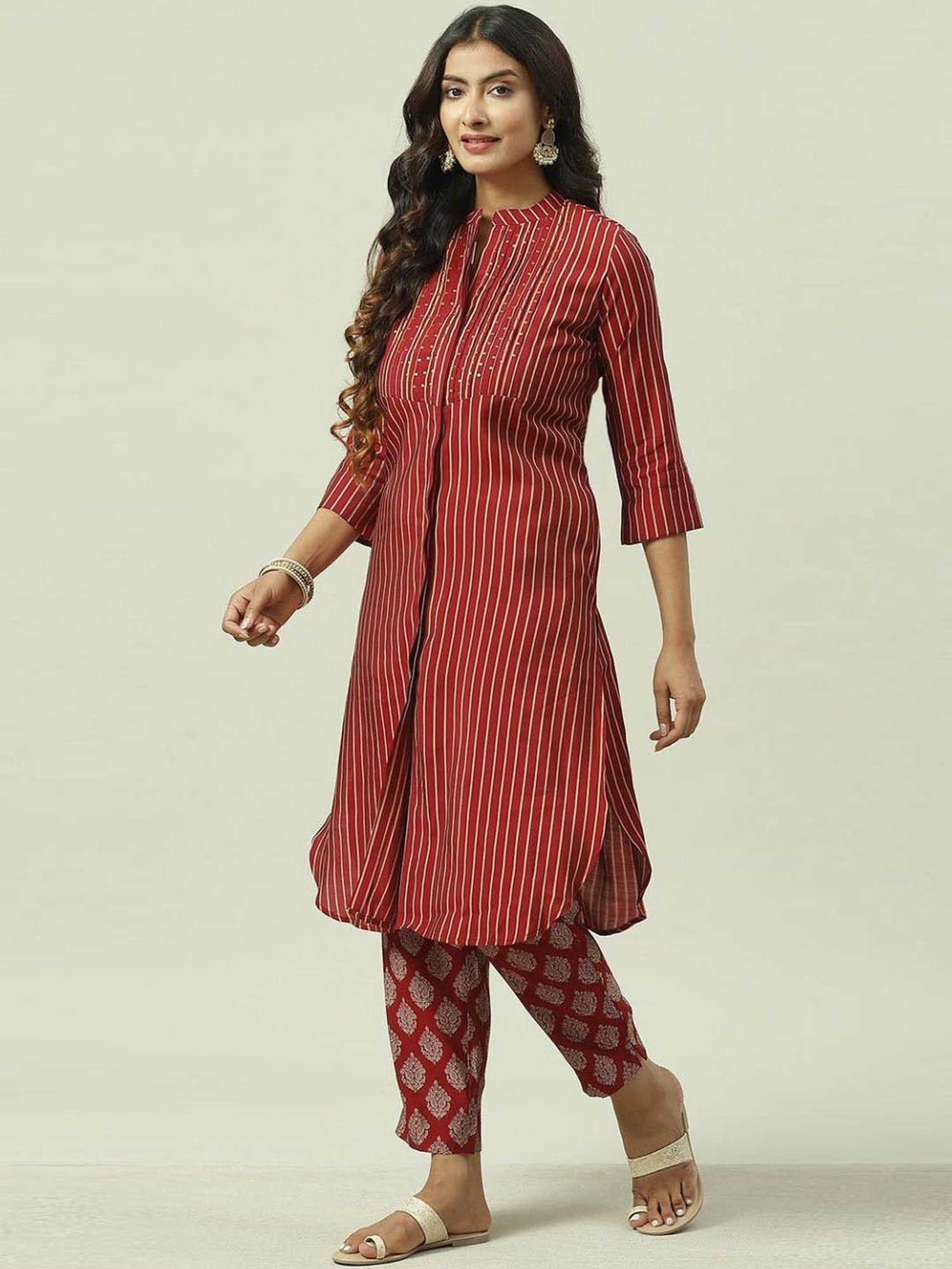 Biba Red Striped Kurta Pant Set