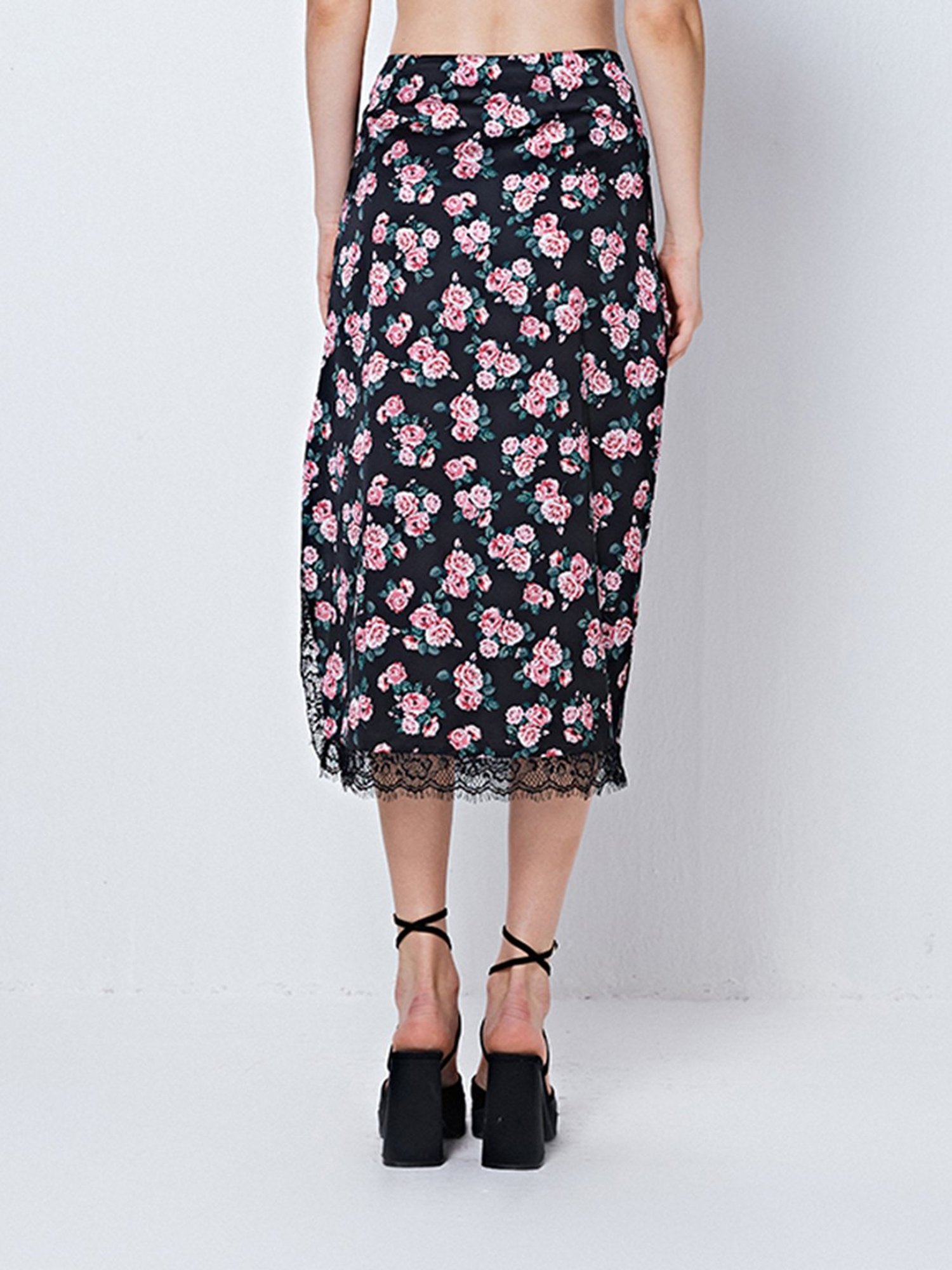 Cover Story Black Floral Print A-Line Midi Skirt