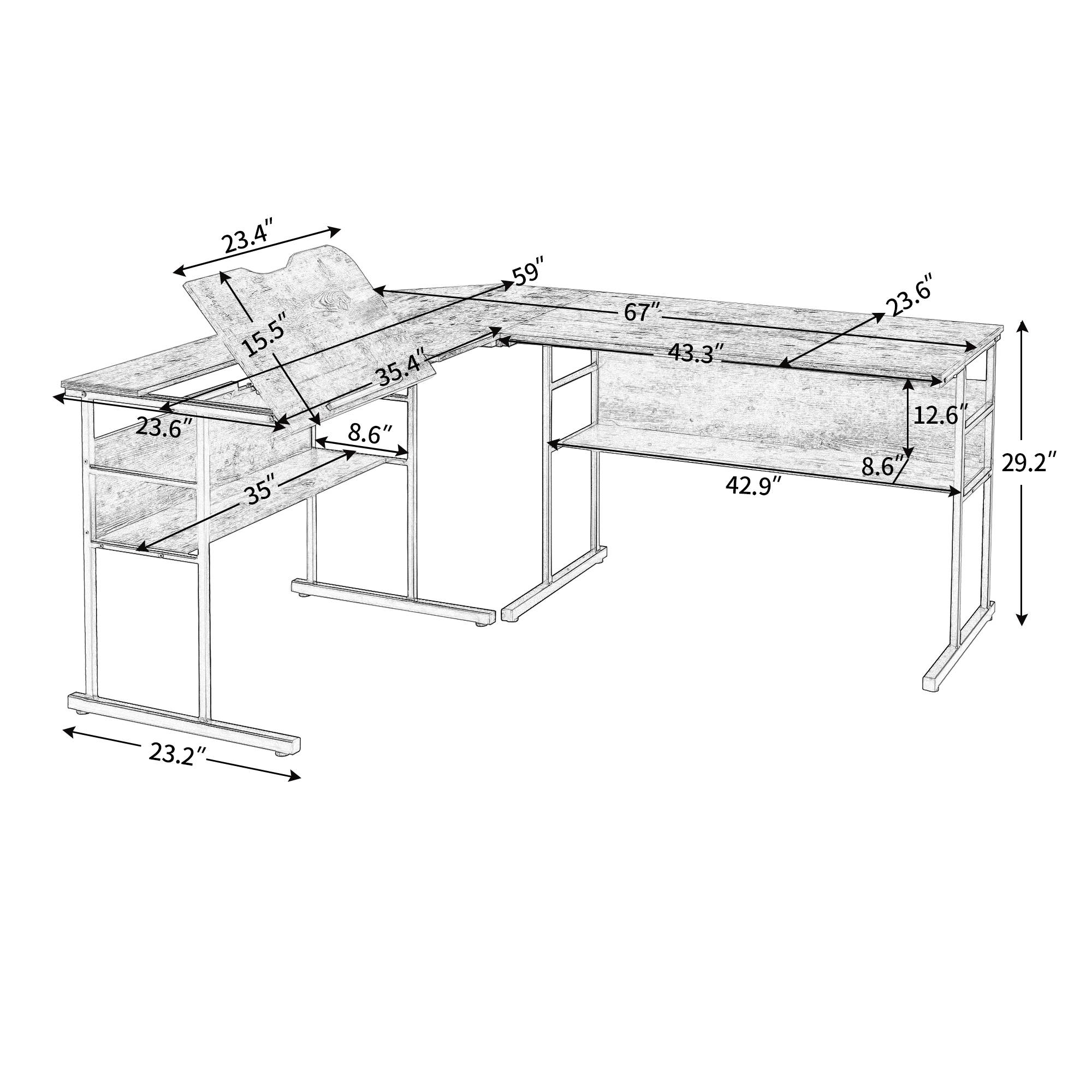 L-Shaped Corner Desk Home Office Desk With Bottom Bookshelves And CPU Stand, Multi-Function Drafting Drawing Table With Tiltable Desktop for Artist or Student Separable Design (Brown)