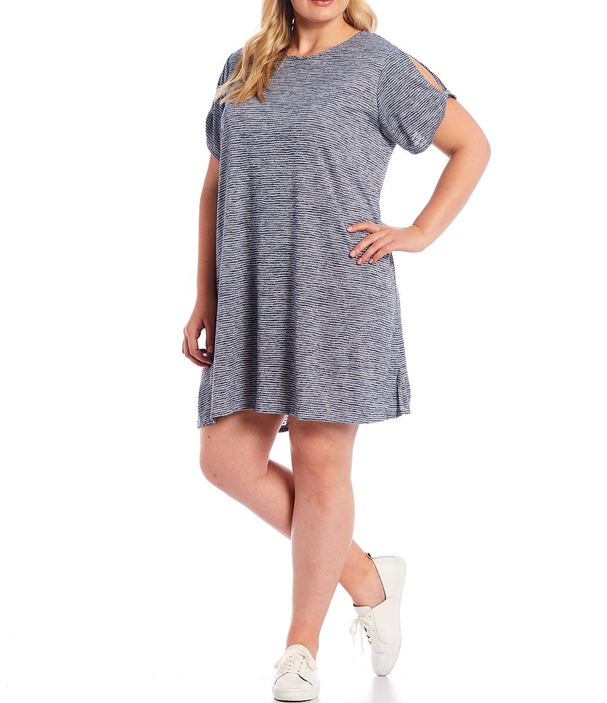 Ruby Rd. Plus Size Silky Knit Terry Space Dyed Stripe Scoop Neck Cold Shoulder Short Sleeve Dress