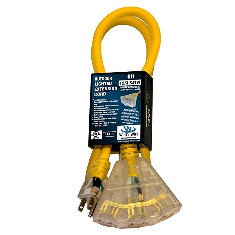 6ft 123 Heavy Duty 3Outlet Lighted SJTW IndoorOutdoor Extension Cord by Short Yellow 6 12Gauge Grounded 15Amp ThreeProng PowerCord 6 foot 12Awg