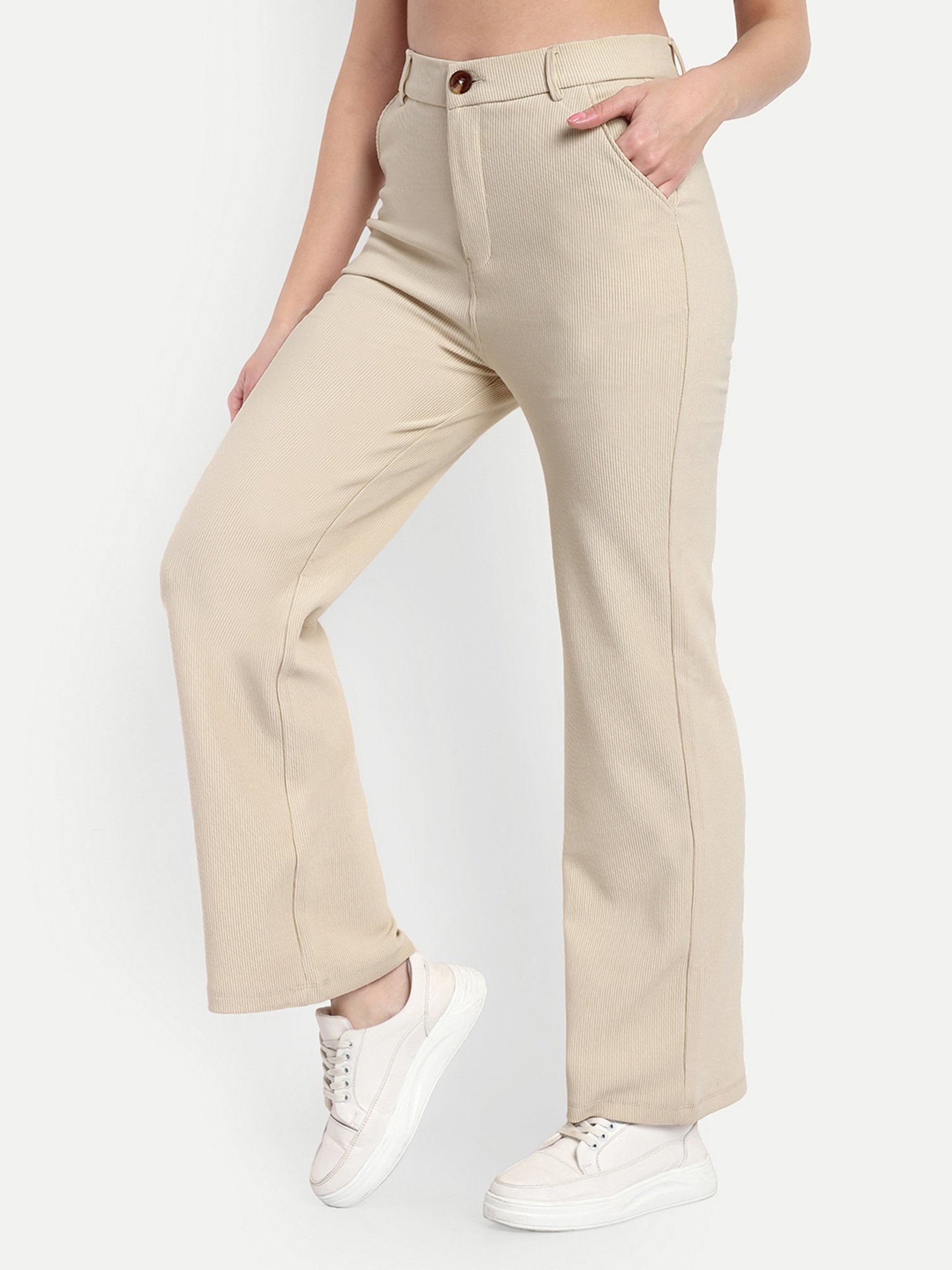 Broadstar Beige Straight Fit High Rise Corduroy Trousers