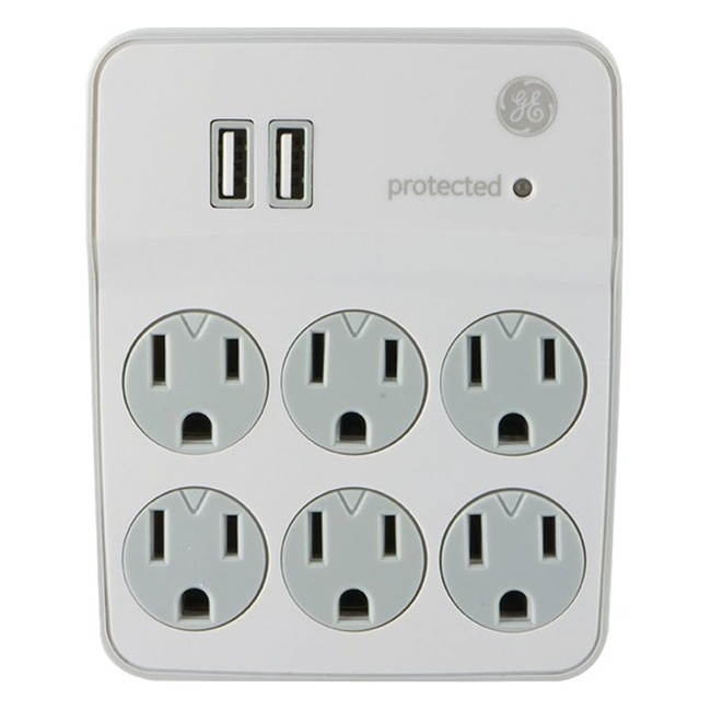 GE 36735 6-Outlet Surge-Protector Wall Tap with 2 USB Ports