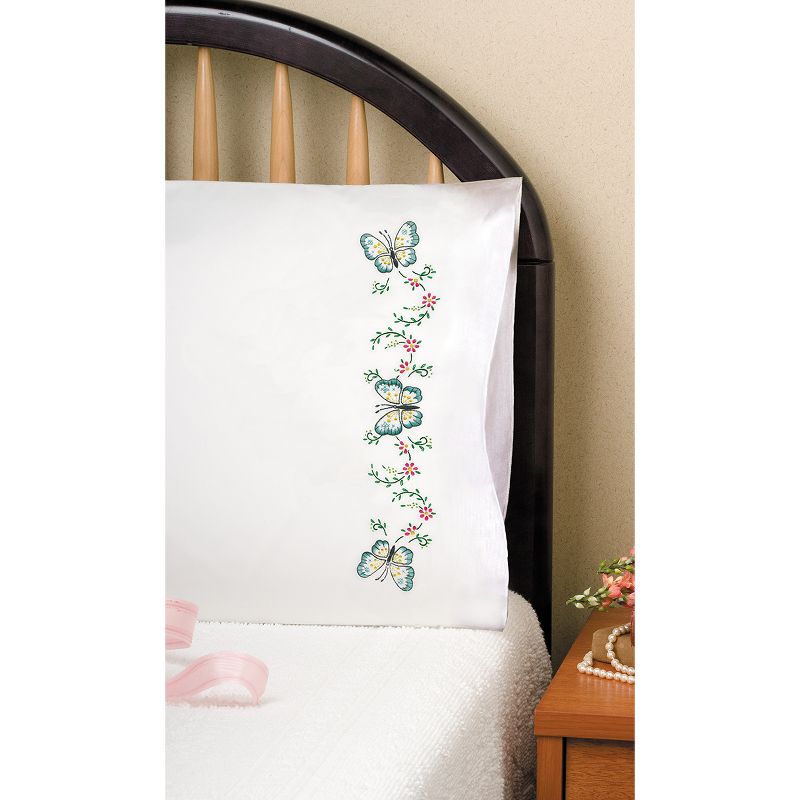 Tobin Stamped For Embroidery Pillowcase Pair 20"X30"-Aqua Butterfly