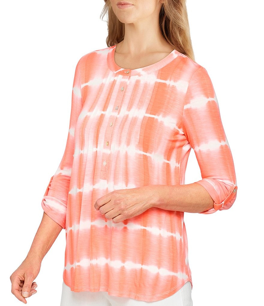 Ruby Rd. Tie-Dye Slub Knit 3/4 Roll-Tab Sleeve Pleat Front Detail Top