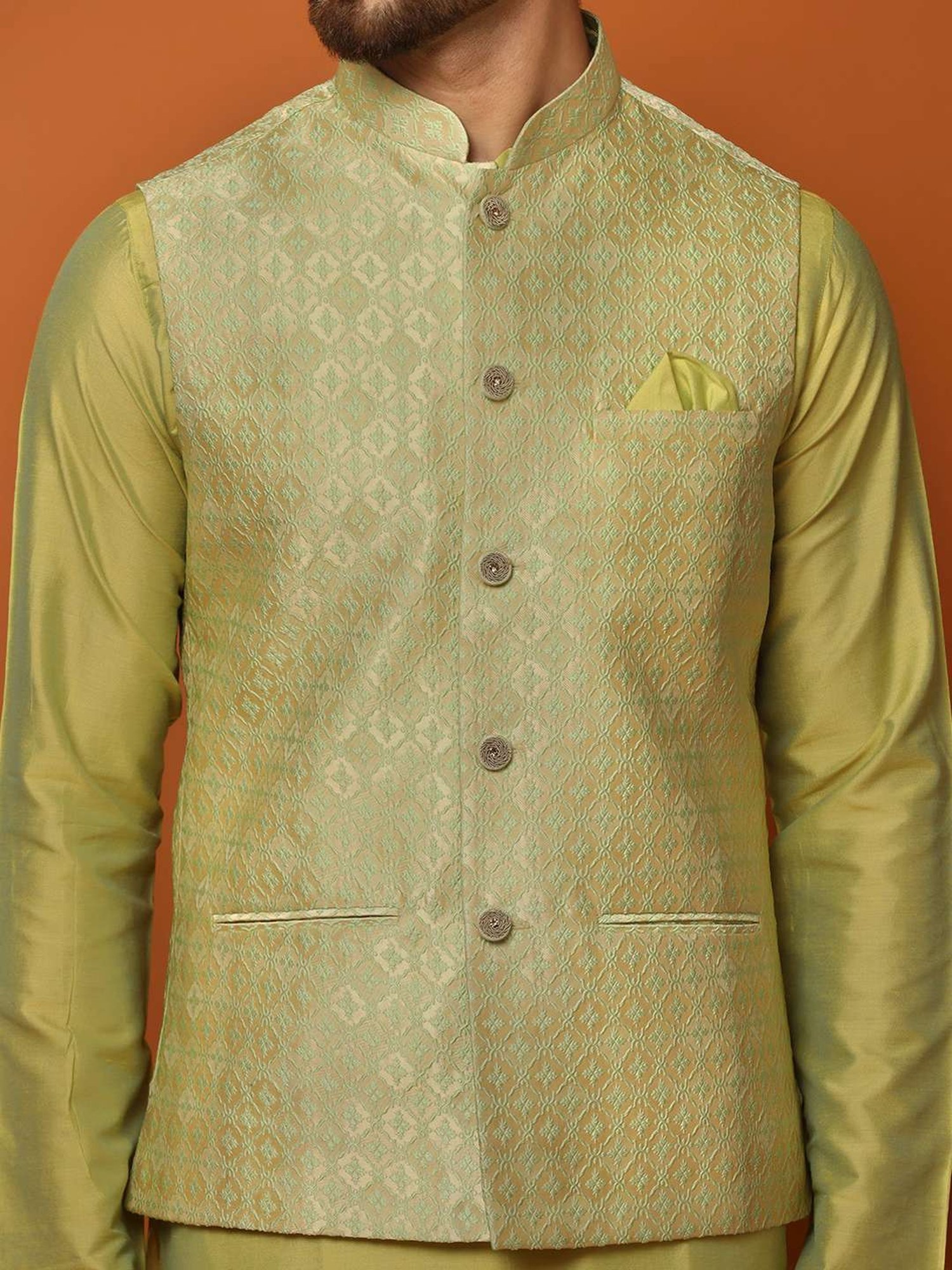 KISAH Green Regular Fit Self Pattern Nehru Jacket