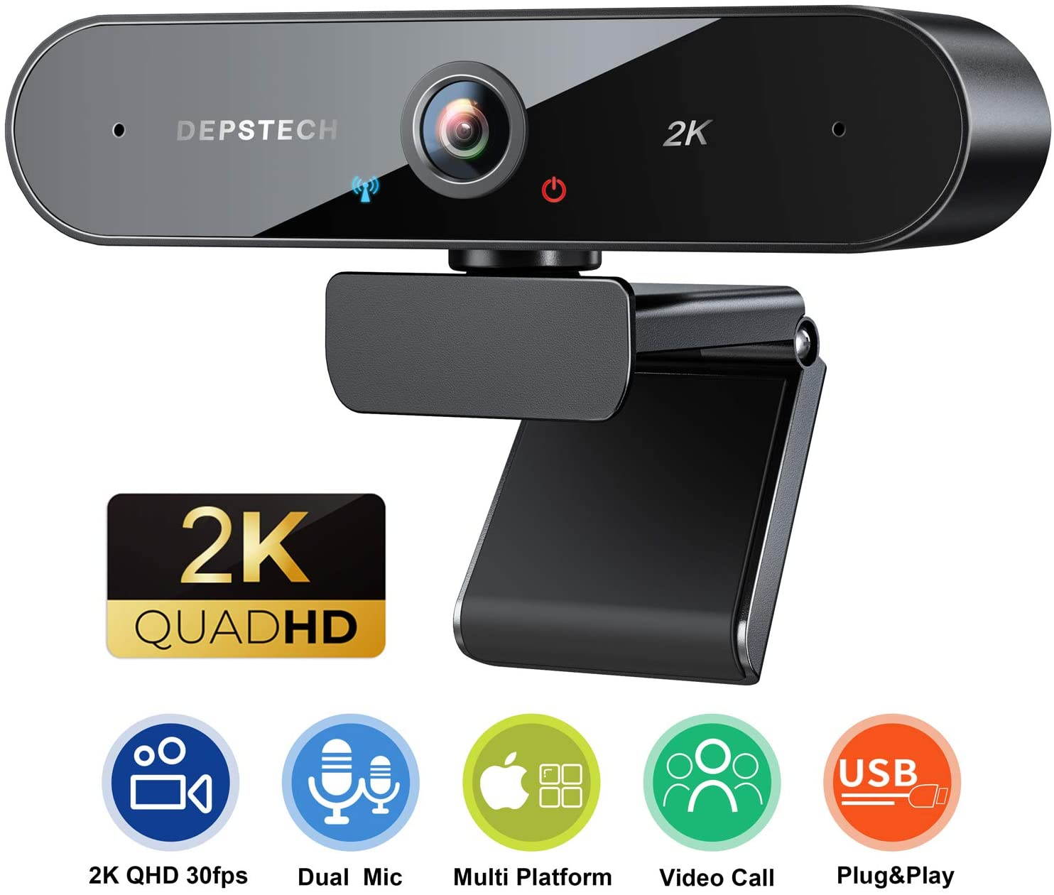 2K Webcam with Dual Microphone, 4MP QHD Web Camera with Auto Light Correction for Video Calling Recording Conference/Zoom Meeting/Online Teaching/YouTube Skype FaceTime/Gaming