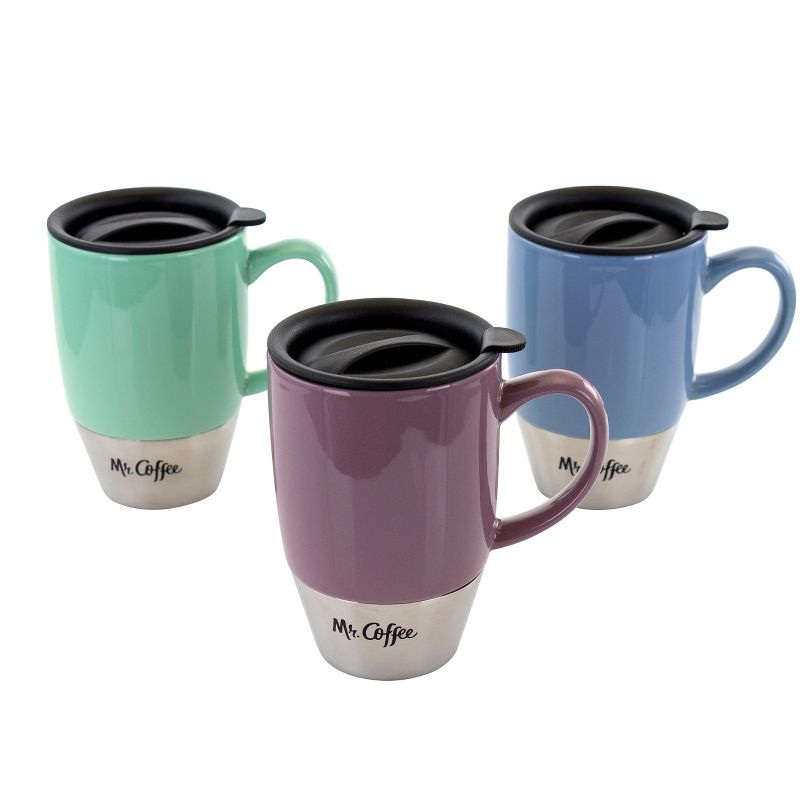 Mr. Coffee Couplet Pastel 3 Piece 15 Ounce Stoneware and Stainless Steel Travel Cups