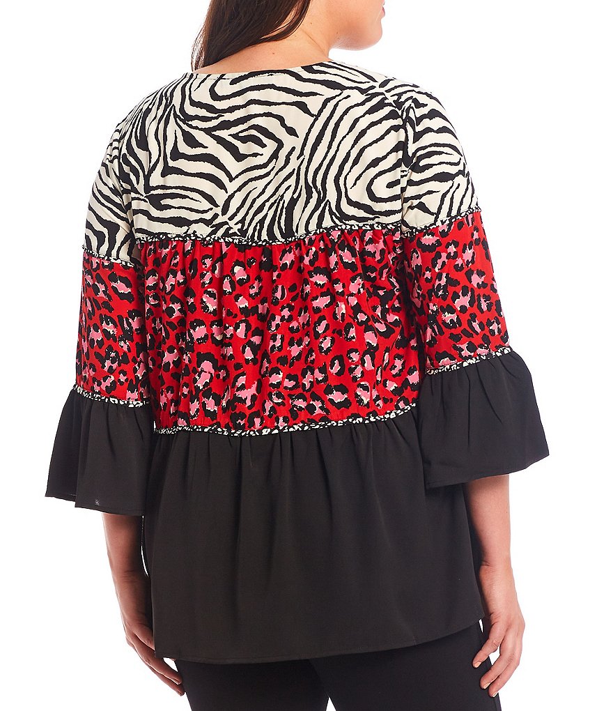Calessa Plus Size Round Neck Tiered Patchwork Animal Print 3/4 Bell Sleeve Tunic