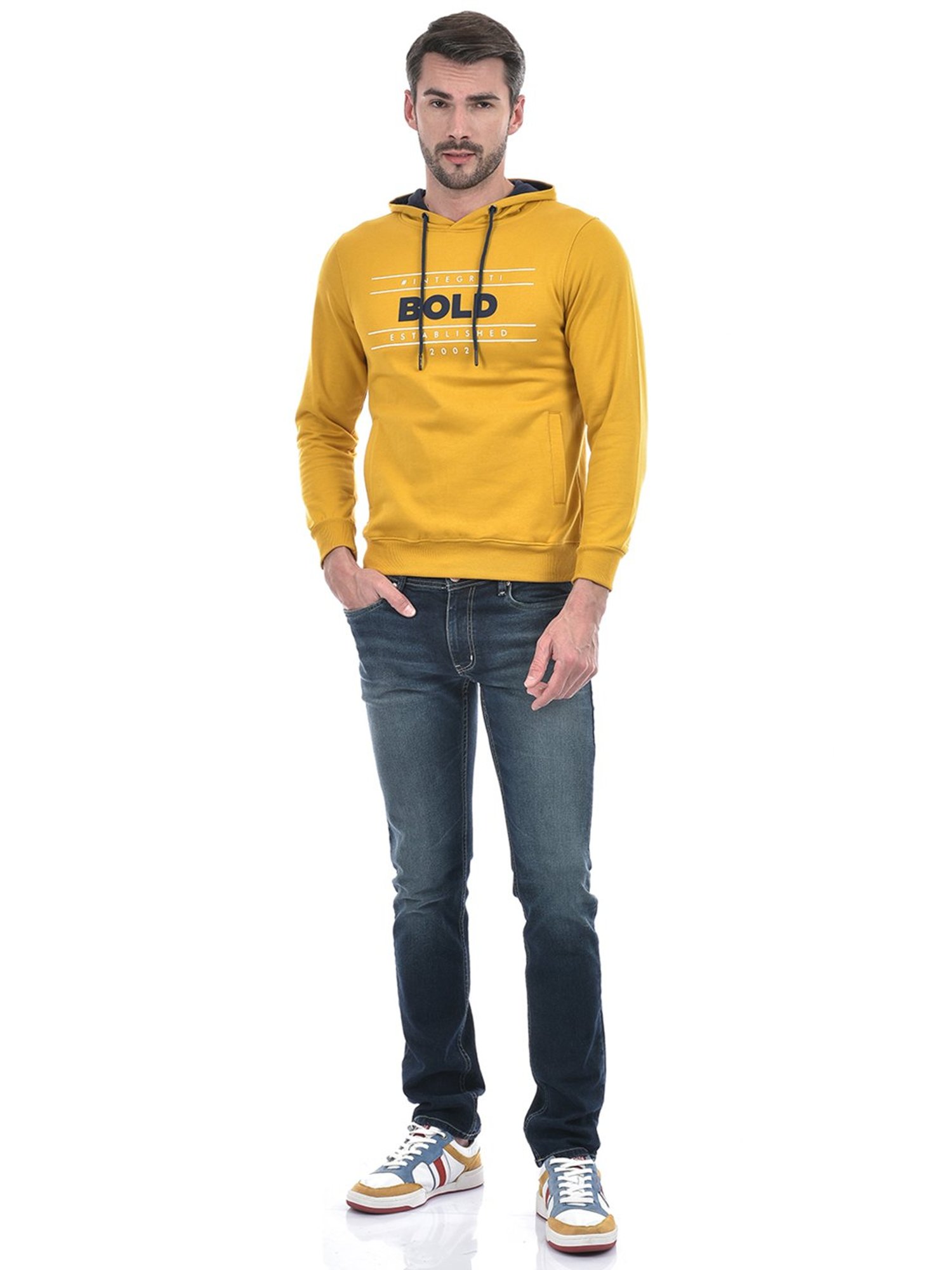 Integriti Mustard Regular Fit Printed Hooded Sweatshirt