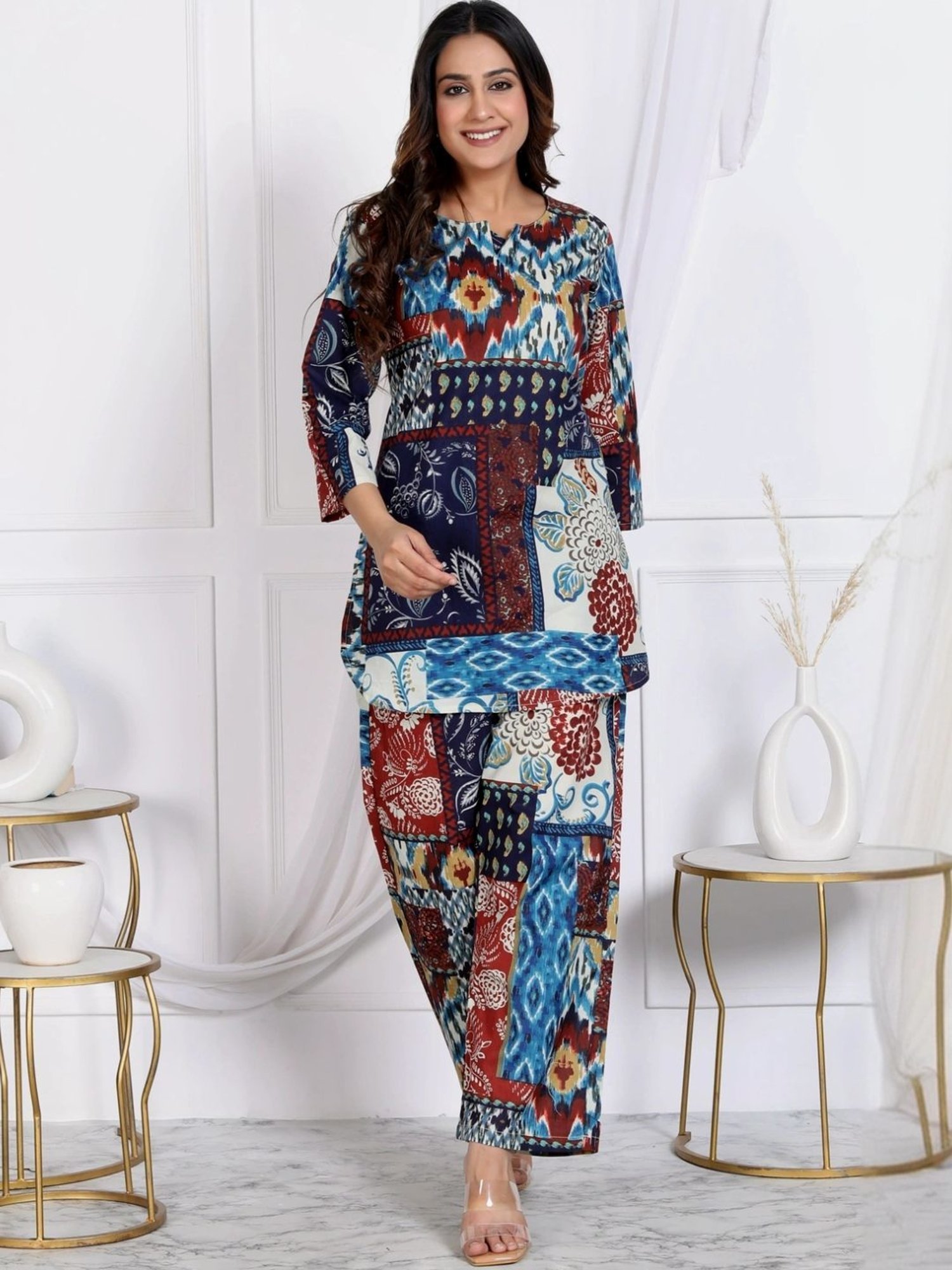Kaftanize Blue Ikkat Patches Printed Ethnic Tunic with Pant