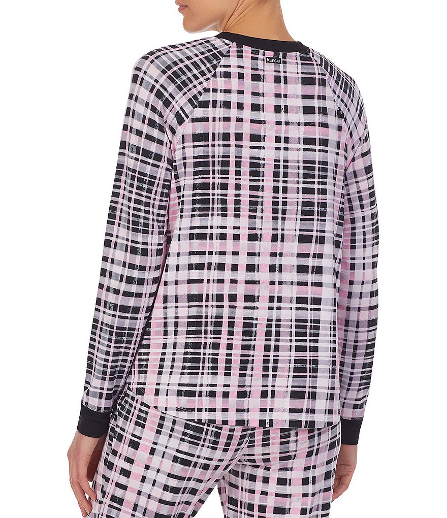 Kensie Jersey Plaid Print Knit Crew Neck Long Sleeve Sleep Top
