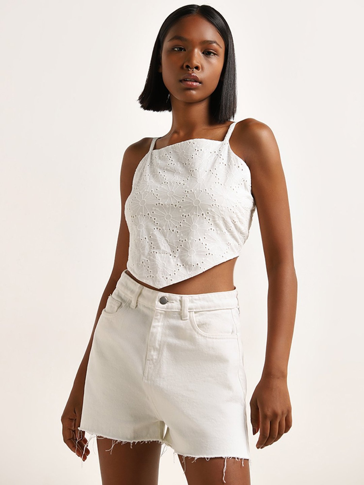 Nuon by Westside White Schiffli Design Corset-Style Cotton Top