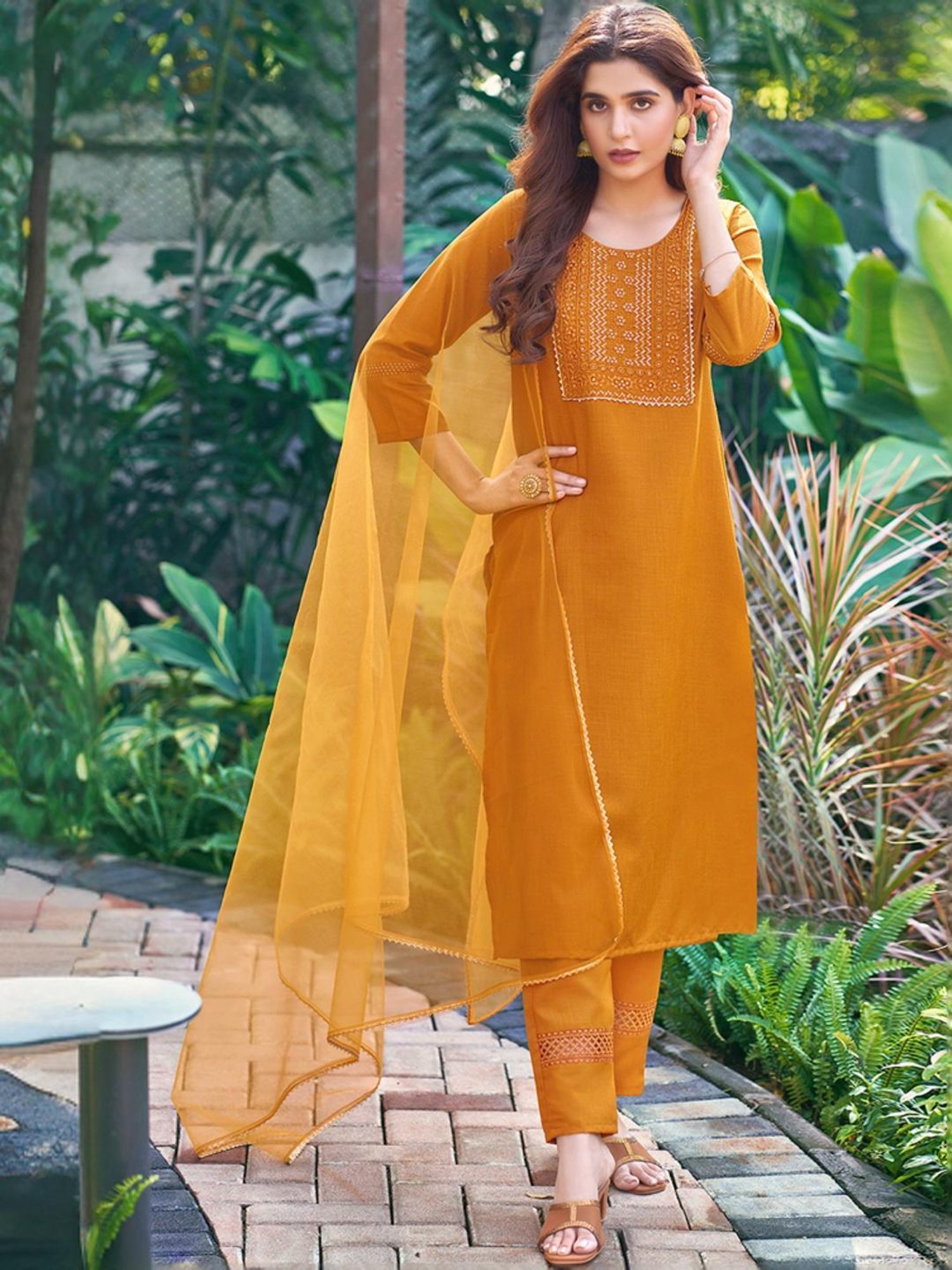 Skylee Yellow Embroidered Kurta Pant Set With Dupatta
