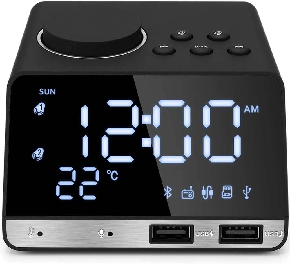 4.2 Inch Alarm Clock Radio, Bluetooth Speaker with Dual Snooze Clock USB Charging Port, AUX TF Card Play, Thermometer, Large Mirror LED Dimmable Display for Bedroom, Kitchen, Hotel, Table, Desk