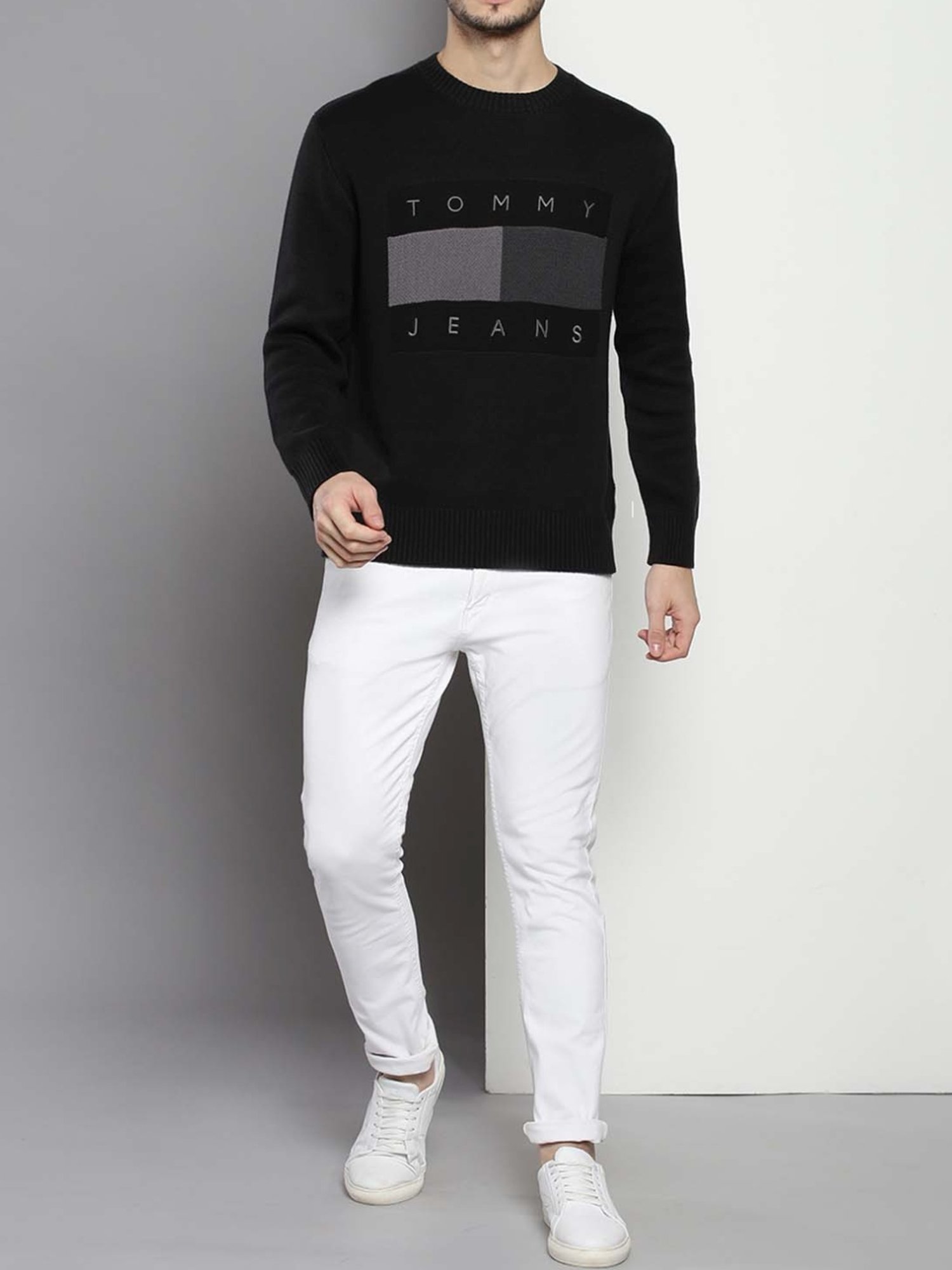 Tommy Hilfiger Black Cotton Relaxed Fit Colour Block Sweaters