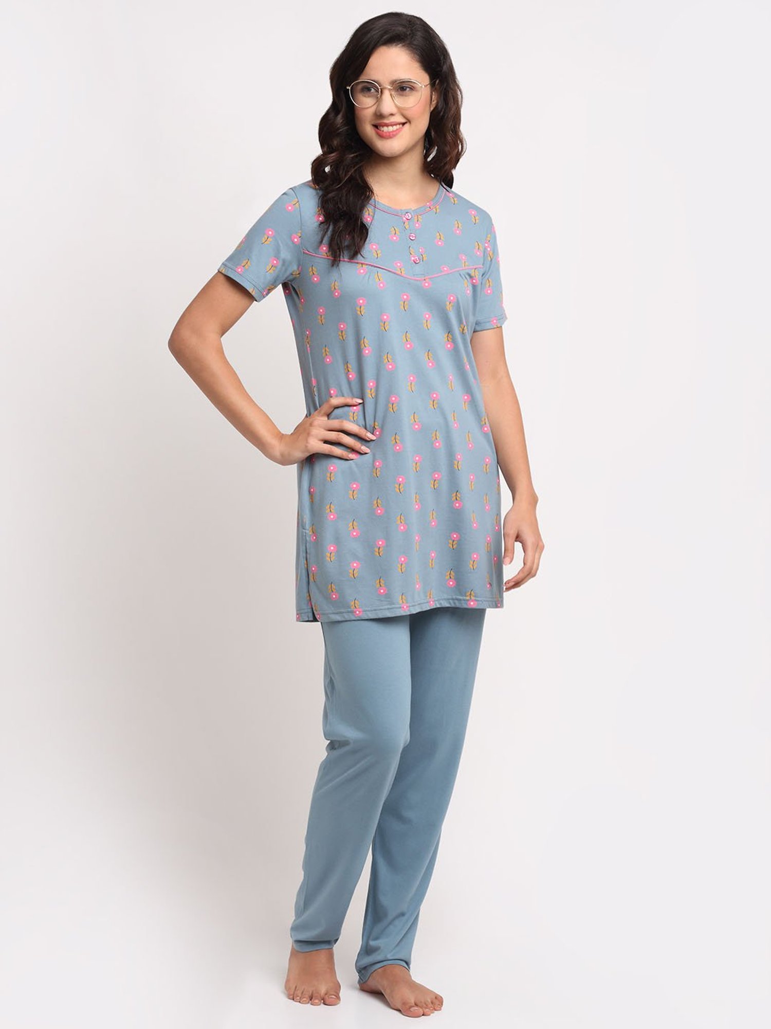 Kanvin Blue Floral Print Tunic with Pyajmas