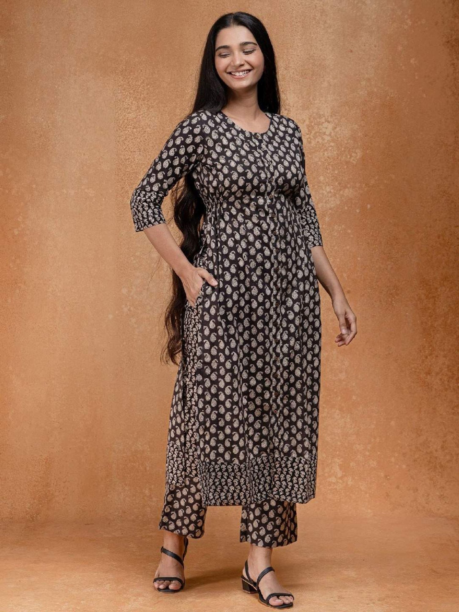 Okhai Black Printed Pure Cotton Kurta Pant Set