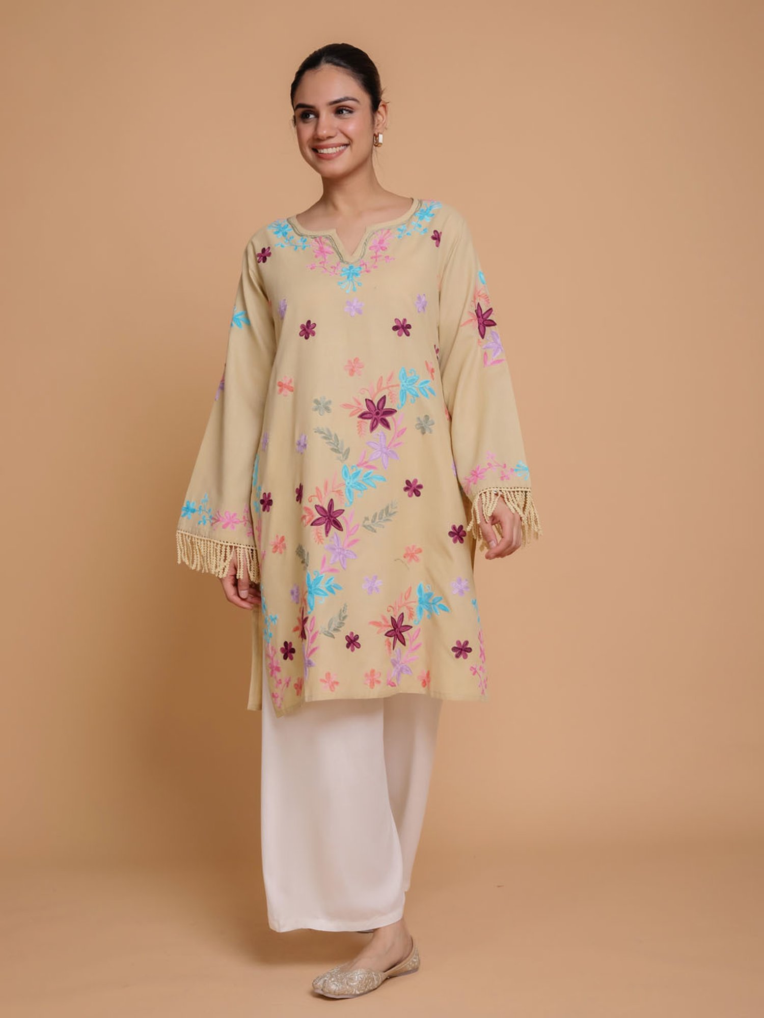 House of Kari Falak Kashmiri Long Kurta  Beige