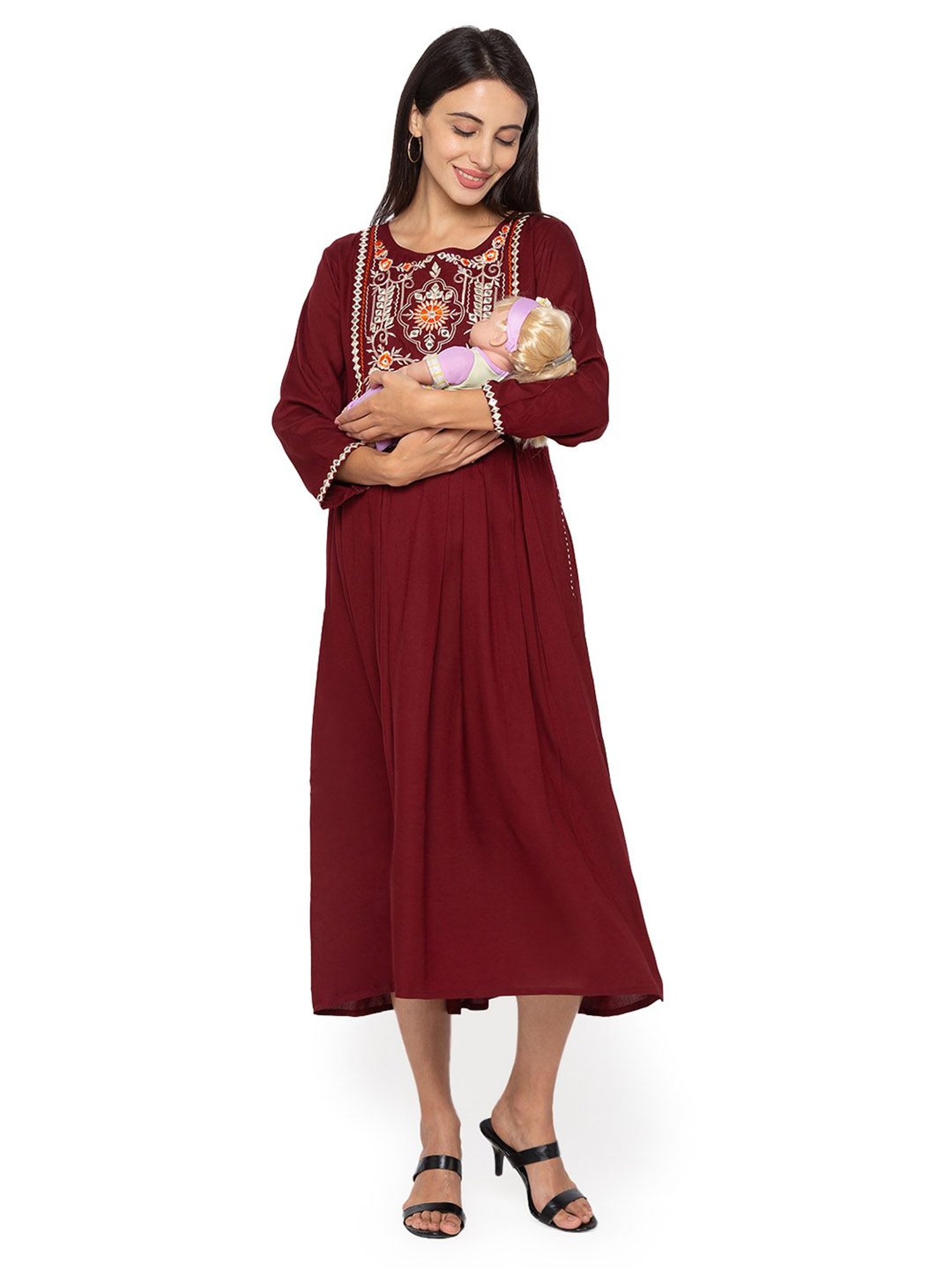 MomToBe Maroon Embroidered Maternity Dress