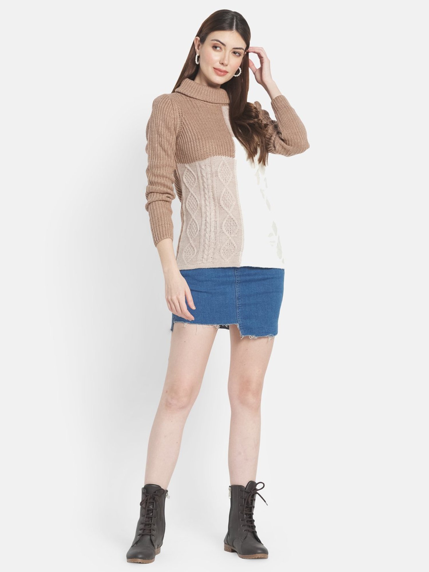 METTLE Brown & white Color Block Pattern Pullover