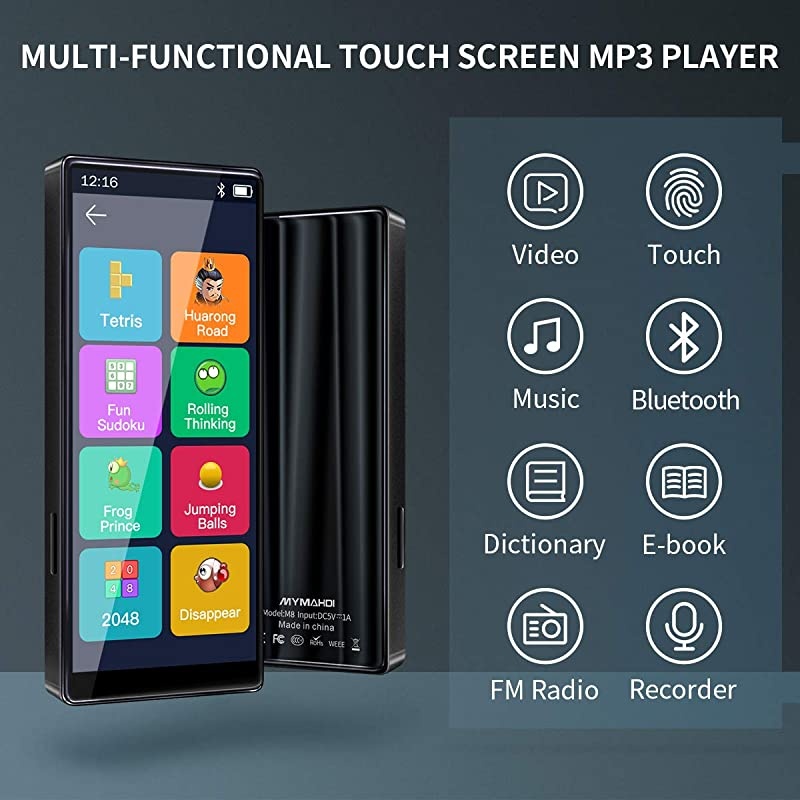 MP3 Player with Bluetooth 50 High Resolution and Full Touch Screen Builtin Speaker 8GB HiFi Lossless Sound Player with FM Radio Voice Recorder Supports up to 128GB Black