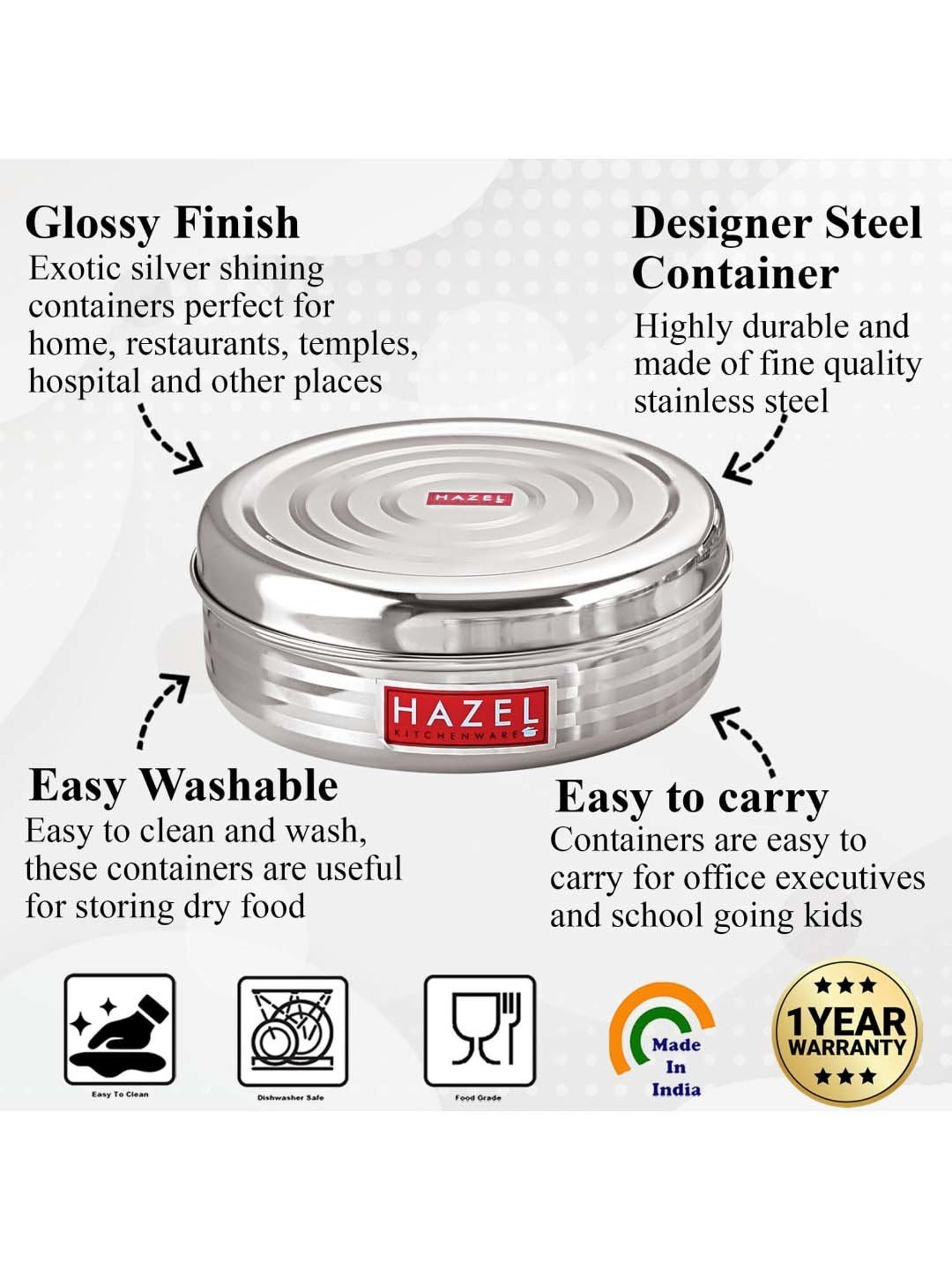 HAZEL Silver Stainless Steel Round Small Container For Spices (0.55 L)